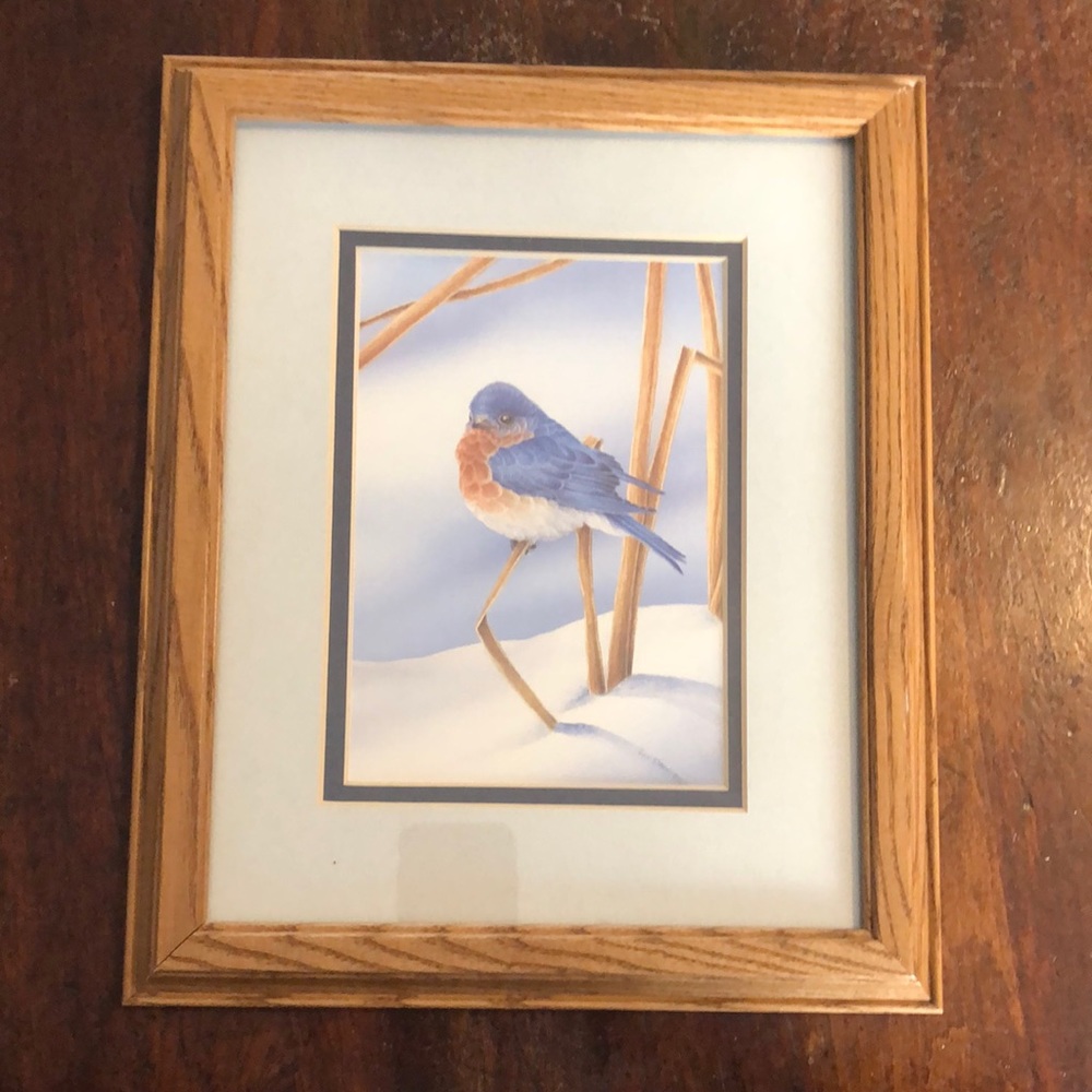 Blue Bird print by L. Daniel/ natural tone wood frame/ double matted/bird/straw